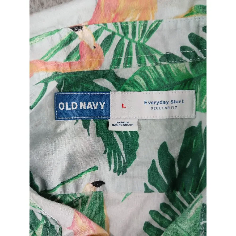 Old Navy Shirt Mens Large Flamingo Green Button Up Tropical Palm 100% Cotton - Picture 2 of 8